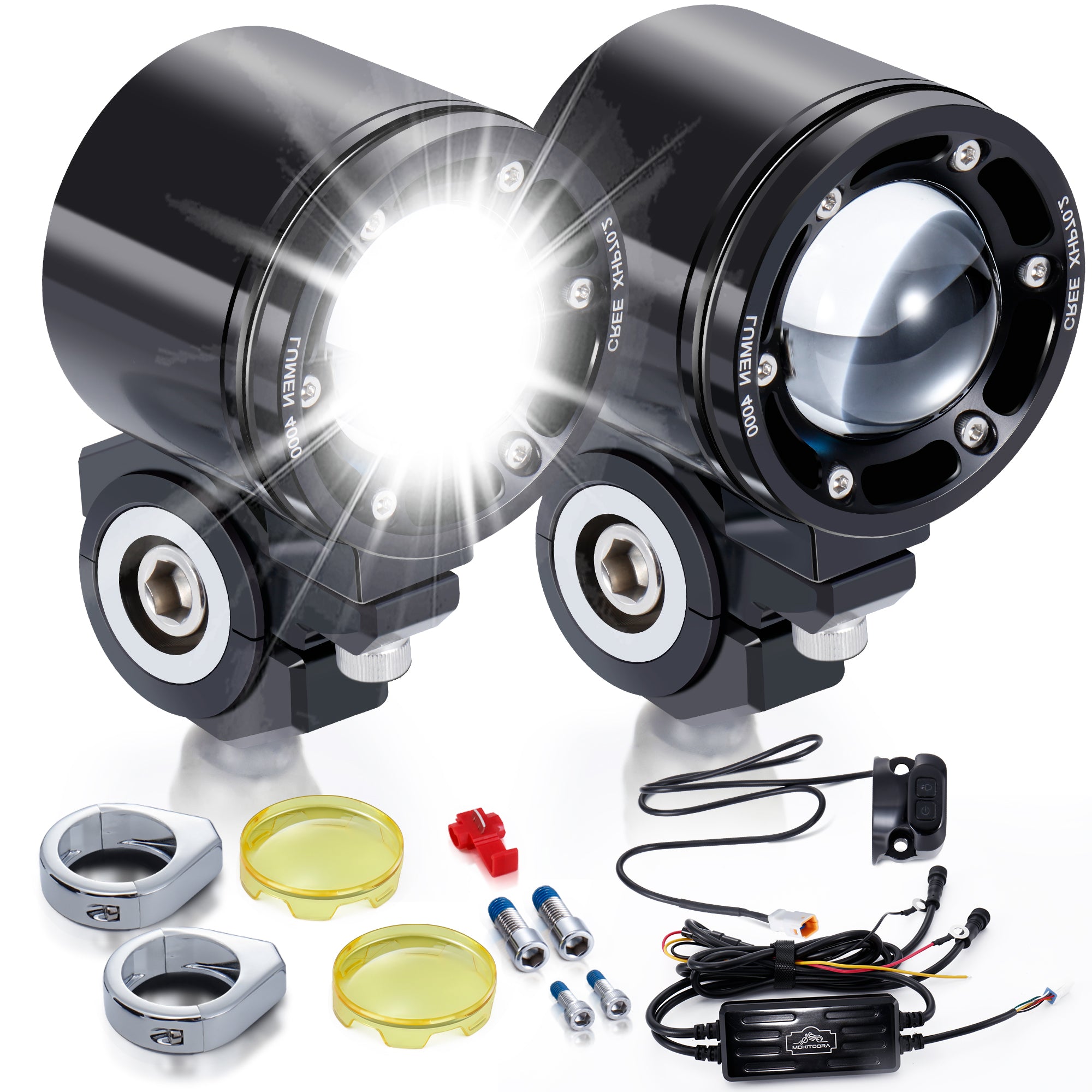 MoKitDora Harley Motorcycle Auxiliary Light Kit Driving Spotlights Fog Light with Mount Brackets Wire Harness Waterproof 72W for 49MM Front Fork