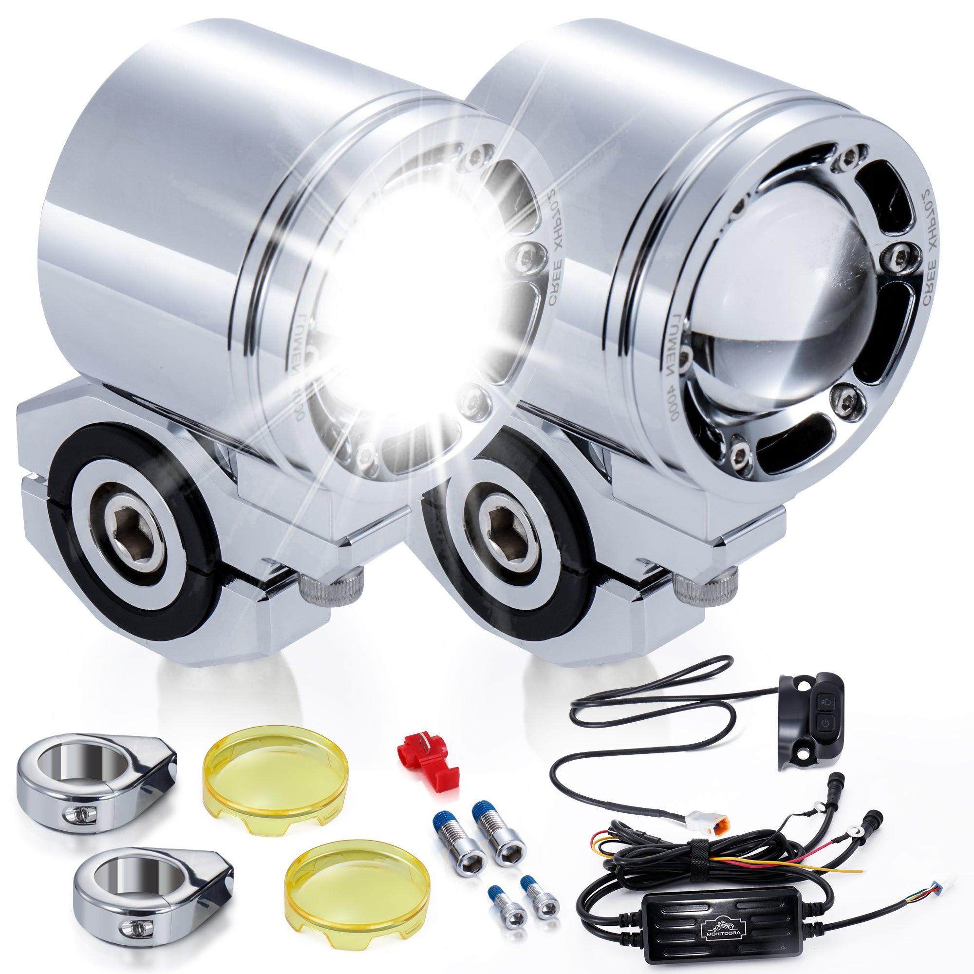 MoKitDora Harley Motorcycle Auxiliary Light Kit Driving Spotlights Fog Light with Mount Brackets Wire Harness Waterproof 72W for 39MM Front Fork