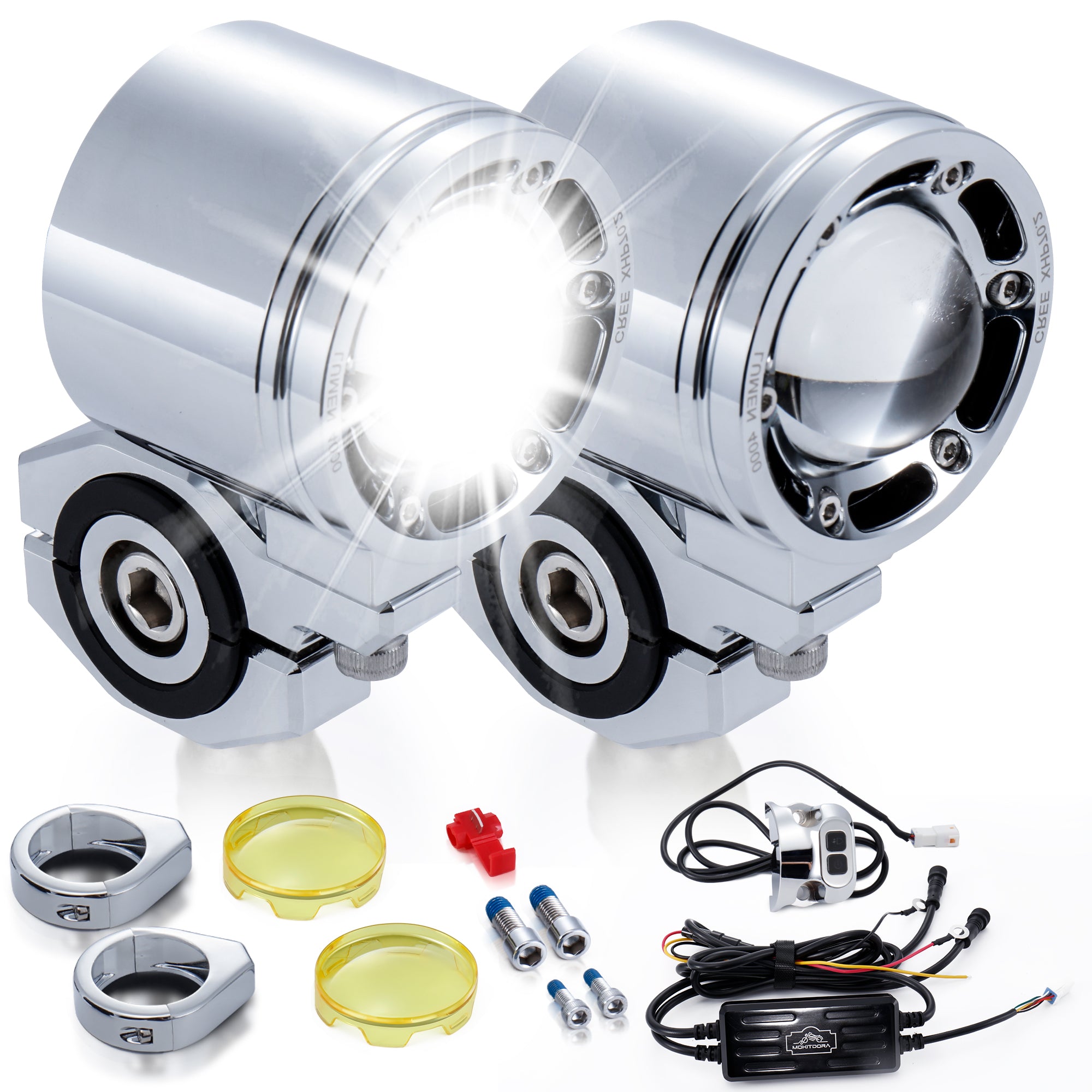 MoKitDora Harley Motorcycle Auxiliary Light Kit Driving Spotlights Fog Light with Mount Brackets Wire Harness Waterproof 72W for 49MM Front Fork