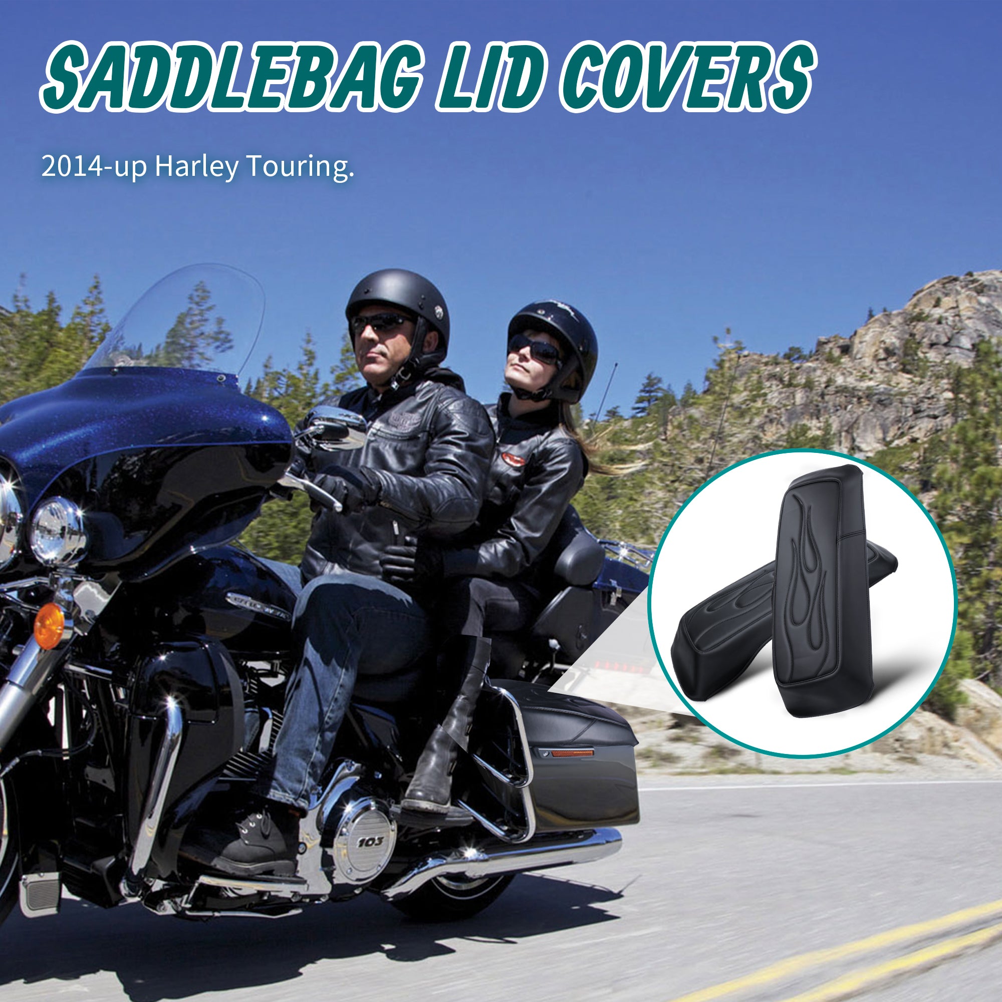 MoKitDora Saddlebag Lid Bra Covers Microfiber Leather Compatible with 2014-up Harley Touring FL Road King Road Glide Electra Glide Street Glide, Flame Stitched
