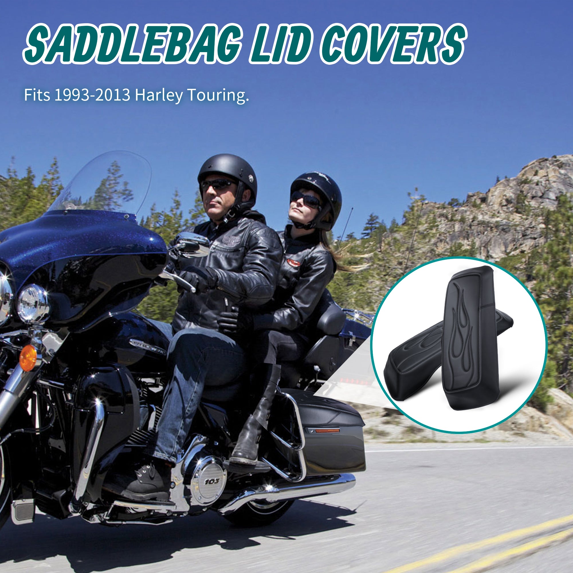 MoKitDora Saddlebag Lid Bra Covers Microfiber Leather Compatible with 1993-2013 Harley Touring FL Road King Road Glide Electra Glide Street Glide, Flame Stitched