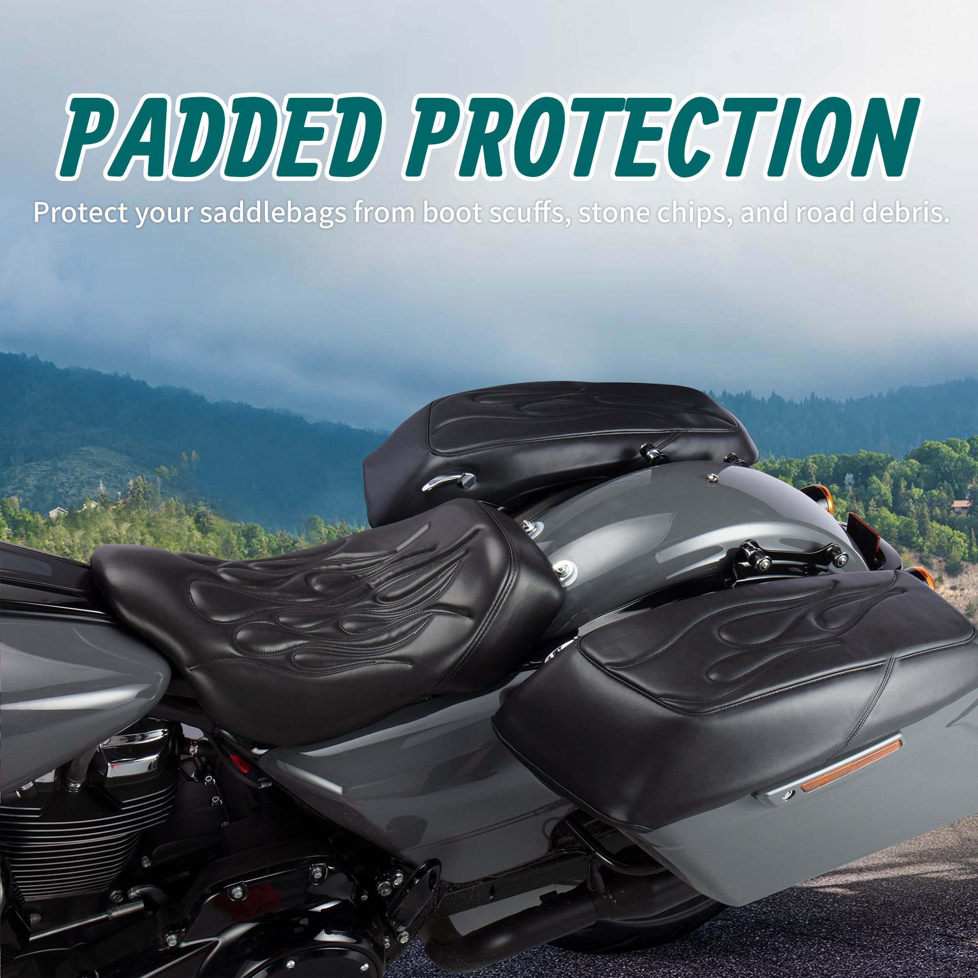 MoKitDora Saddlebag Lid Bra Covers Microfiber Leather Compatible with 2014-up Harley Touring FL Road King Road Glide Electra Glide Street Glide, Flame Stitched