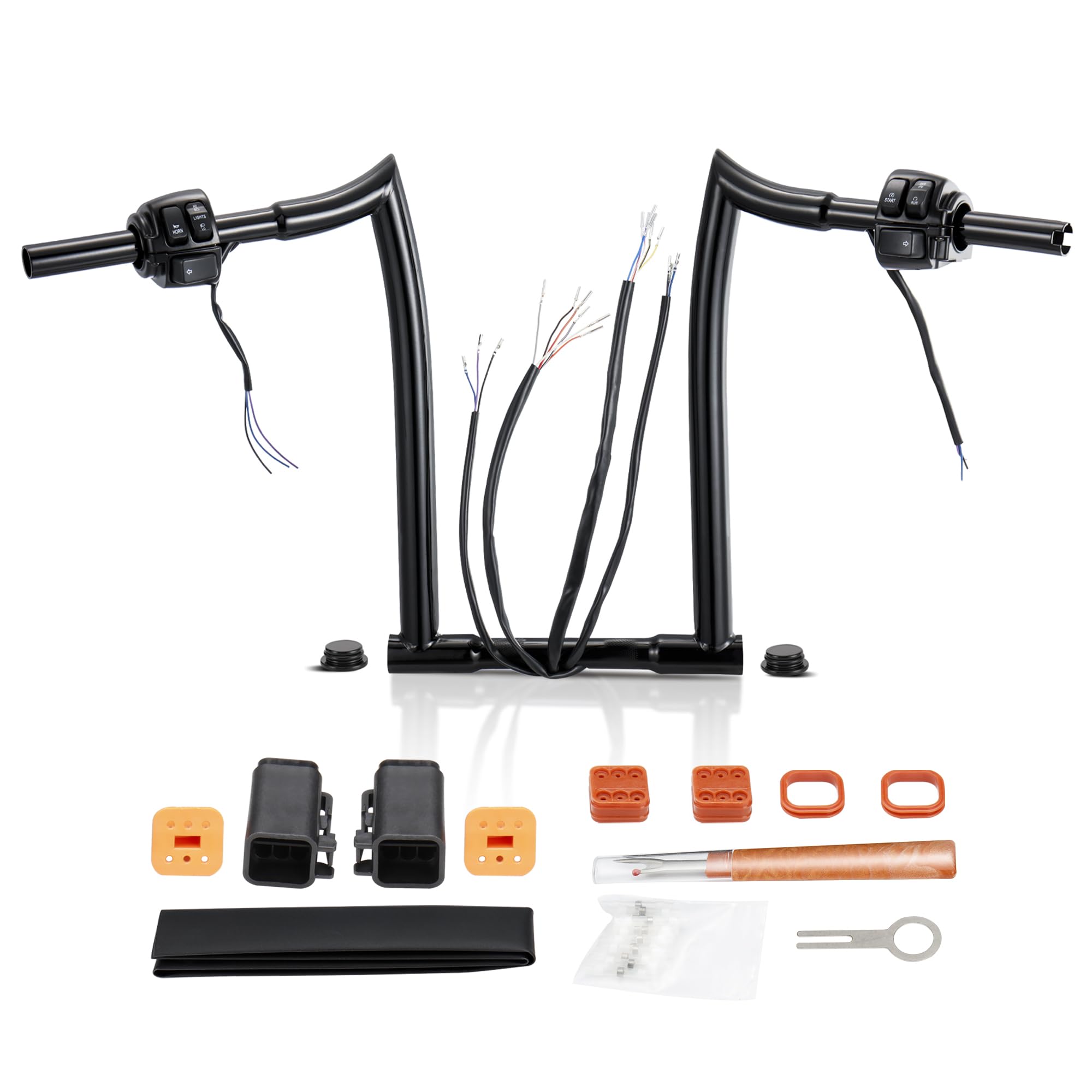 TIGERSGATE 10/12/14/16 inch Pre-wired Ape Hanger for 1996-2006 Sportster Dyna Softail Road King 1 1/4 Handlebars 1 Clamp Diameter Pre-installed Turn Signal Wires & Switch Control Kit