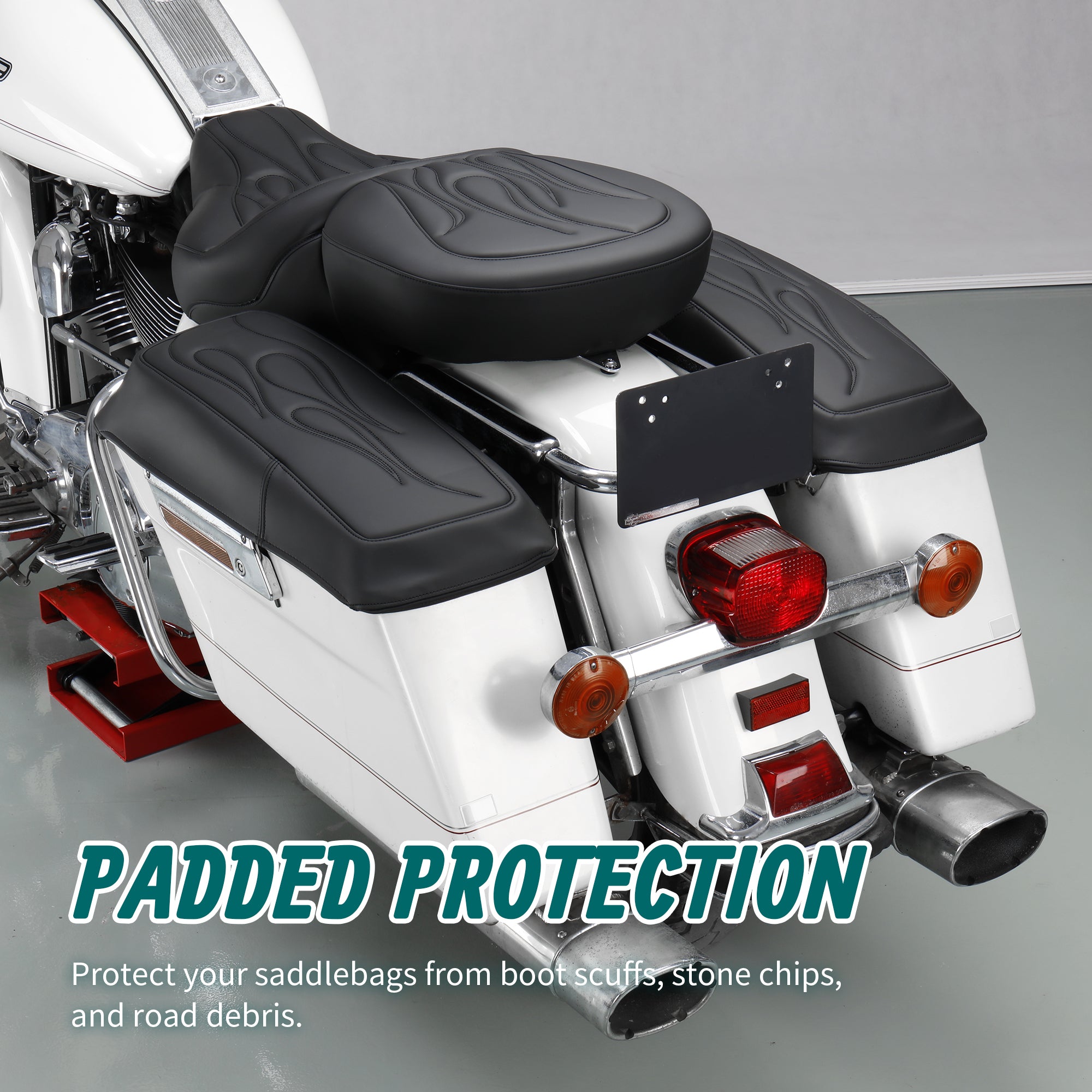 MoKitDora Saddlebag Lid Bra Covers Microfiber Leather Compatible with 1993-2013 Harley Touring FL Road King Road Glide Electra Glide Street Glide, Flame Stitched