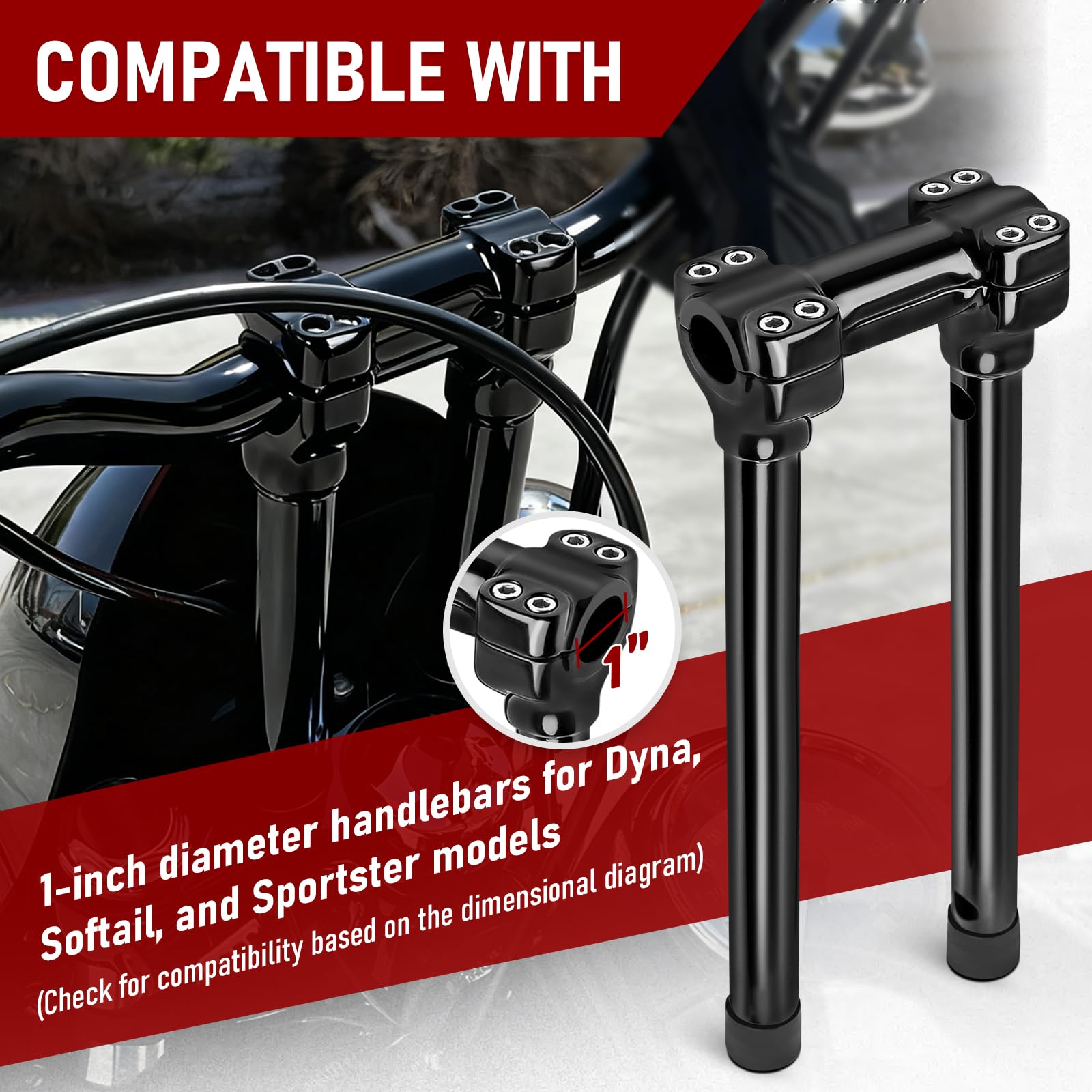 TIGERSGATE 1 inch Diameter Investment-cast steel Risers 12/14 inch Rise One-Piece Handlebar Top Clamp Kit for Dyna Softail Sportster