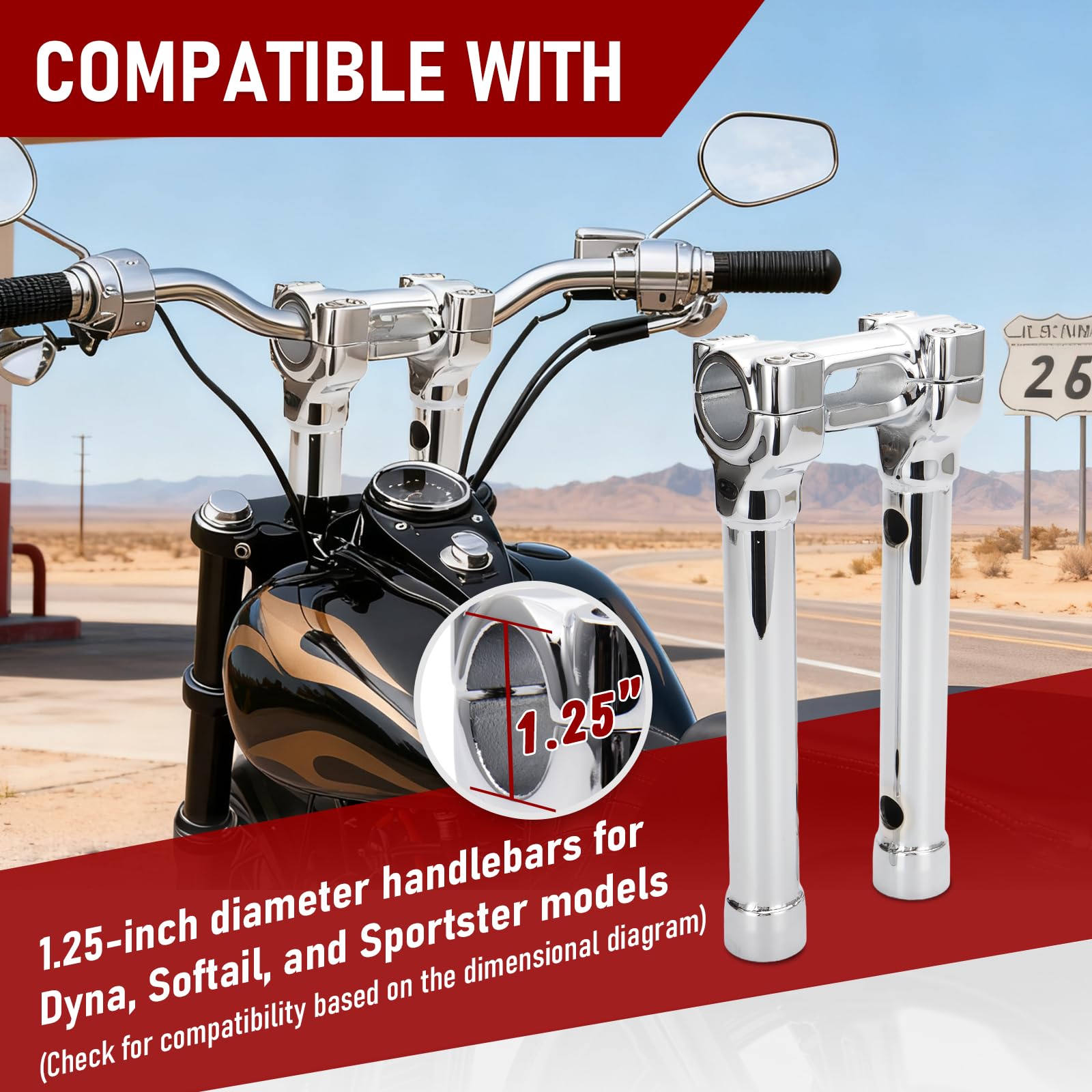 TIGERSGATE 1.25 inch Diameter Investment-cast steel Risers 4/8/10/14 inch Rise One-Piece Handlebar Top Clamp Kit for Harley Dyna Softail Sportster