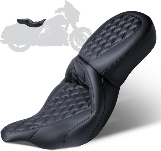 MoKitDora Touring Motorcycle Seats One-Piece Deluxe Seat for Driver Passenger Harley 1997-2007 Electra Road Glide FLHT FLTR, Lattice Stitched