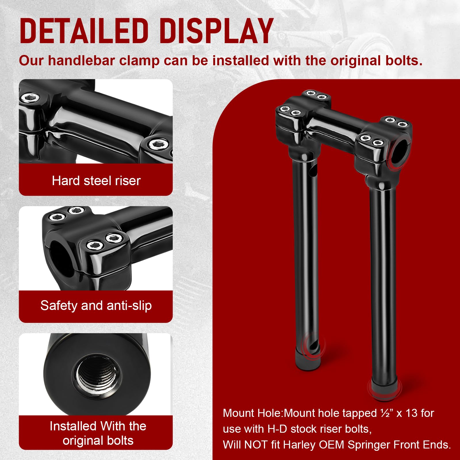 TIGERSGATE 1 inch Diameter Investment-cast steel Risers 12/14 inch Rise One-Piece Handlebar Top Clamp Kit for Dyna Softail Sportster