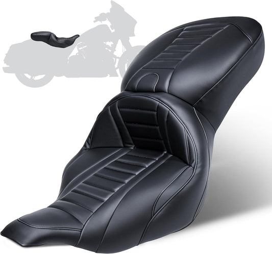 MoKitDora Touring Driver Passenger Seat One-Piece Motorcycle Seats for Harley 1997-2007 Road King FLHR/I & 2006-2007 Street Glide FLHX/I, Stripes Stitched