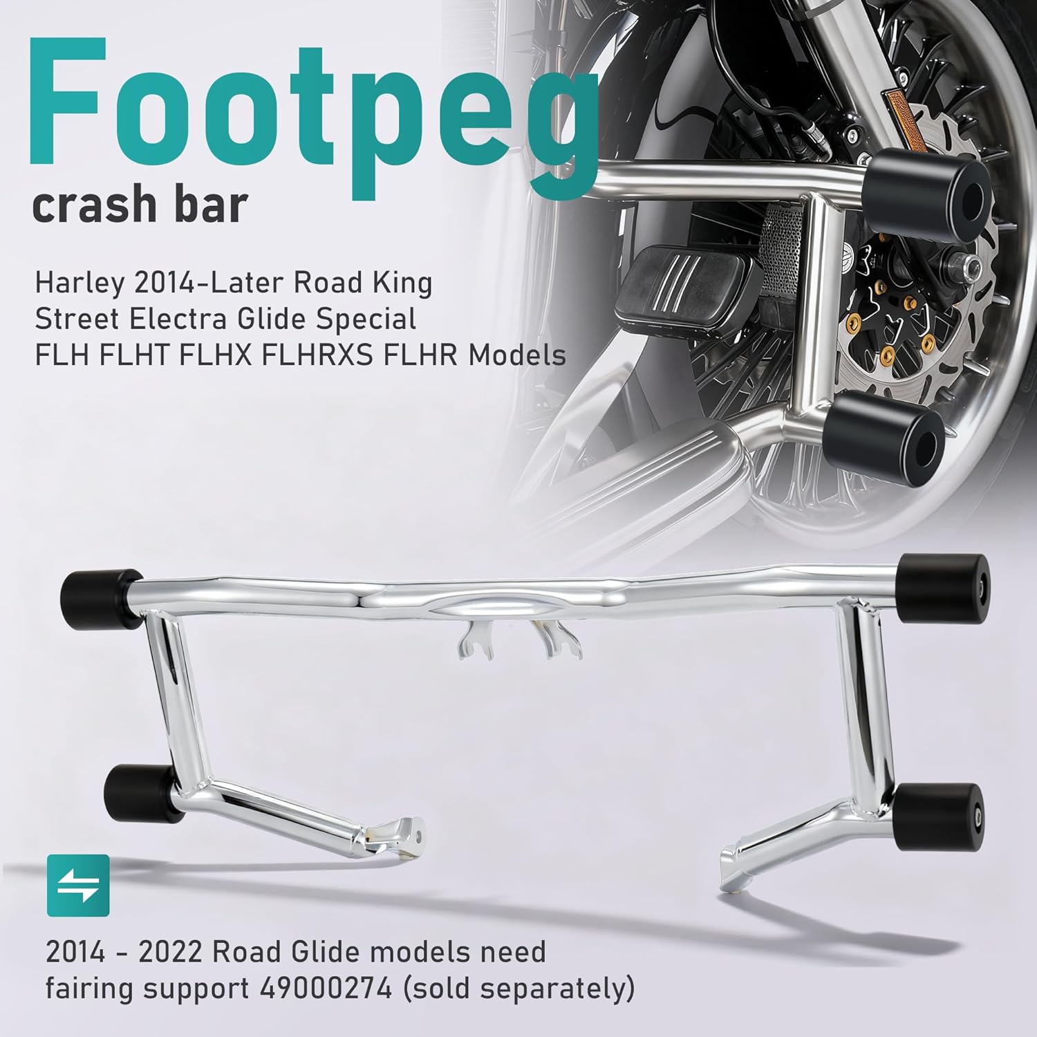 MoKitDora Front Engine Guard Highway Peg Two-Step Crash Bar for Harley 2014-later Touring Road King Street Electra Glide Special FLH FLHT FLHX FLHRXS FLHR, Chrome