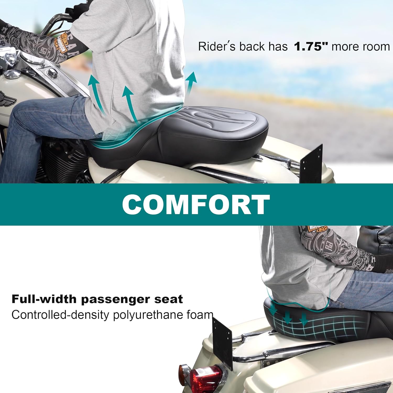 MoKitDora Touring Driver Passenger Seat One-Piece Motorcycle Seats for Harley 1997-2007 Road King FLHR/I & 2006-2007 Street Glide FLHX/I, Stripes Stitched