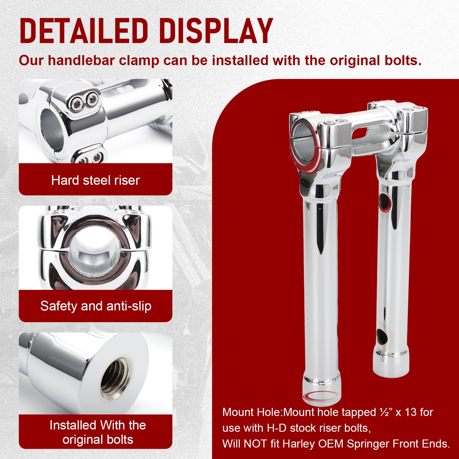 TIGERSGATE 1.25 inch Diameter Investment-cast steel Risers 4/8/10/14 inch Rise One-Piece Handlebar Top Clamp Kit for Harley Dyna Softail Sportster