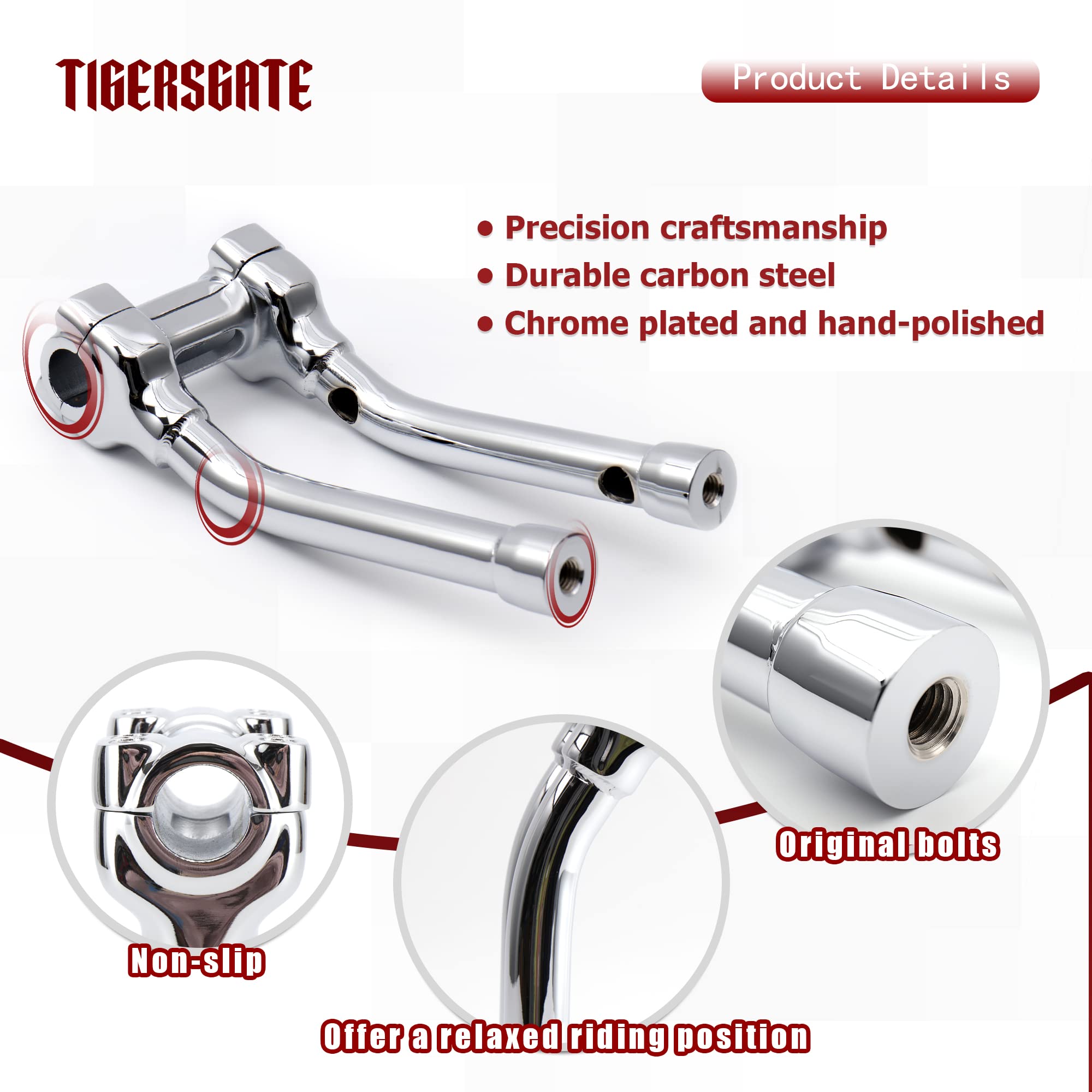 TIGERSGATE Chrome 4 Inch Riser 1 Murdock Pullback Risers Designed for Most Harley Models