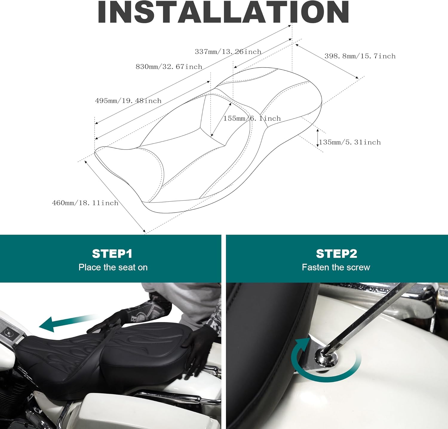 MoKitDora Motorcycle Seats One-Piece Deluxe Driver & Passenger Seat for Harley Touring 1997-2007 Electra Road Glide, Stripes Stitched