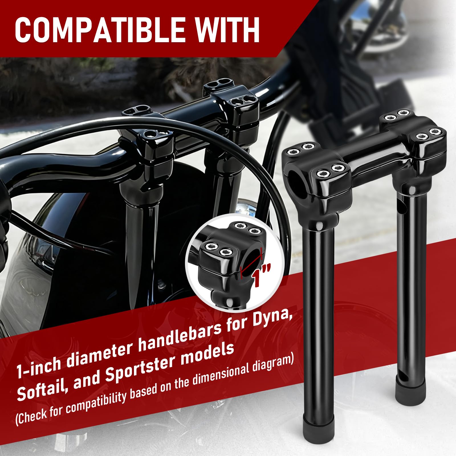 TIGERSGATE 1 inch Diameter Investment-cast steel Risers 12/14 inch Rise One-Piece Handlebar Top Clamp Kit for Dyna Softail Sportster