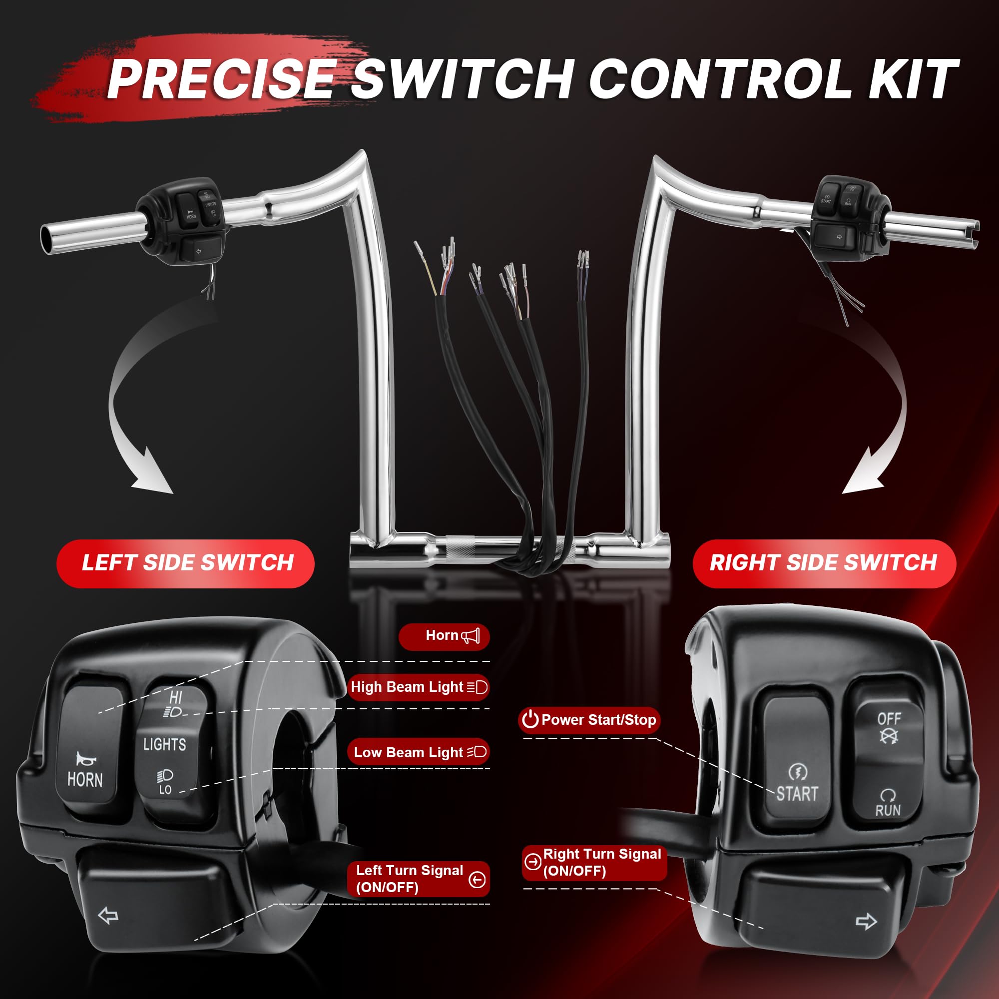 TIGERSGATE 10/12/14/16 inch Pre-wired Ape Hanger for 1996-2006 Sportster Dyna Softail Road King 1 1/4 Handlebars 1 Clamp Diameter Pre-installed Turn Signal Wires & Switch Control Kit
