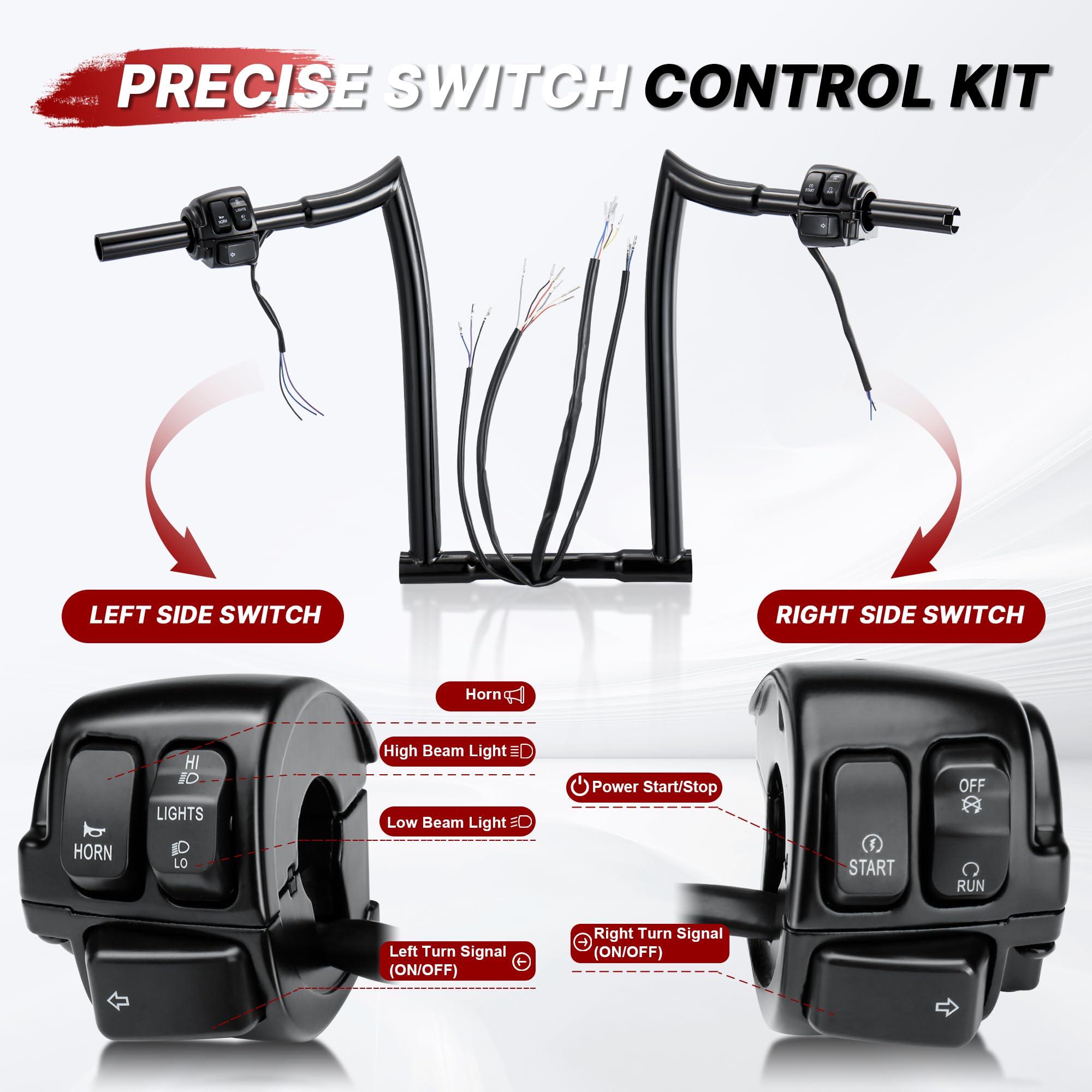 TIGERSGATE 10/12/14/16 inch Pre-wired Ape Hanger for 1996-2006 Sportster Dyna Softail Road King 1 1/4 Handlebars 1 Clamp Diameter Pre-installed Turn Signal Wires & Switch Control Kit