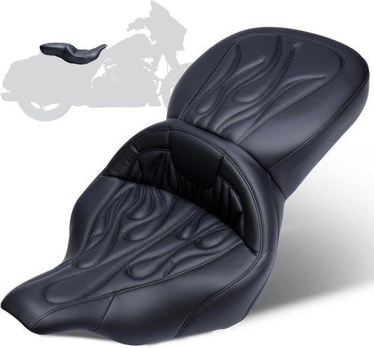MoKitDora Touring Motorcycle Seats One-Piece Deluxe Seat for Harley Driver Passenger 1997-2007 Electra Road Glide FLHT FLTR, Flame Stitched