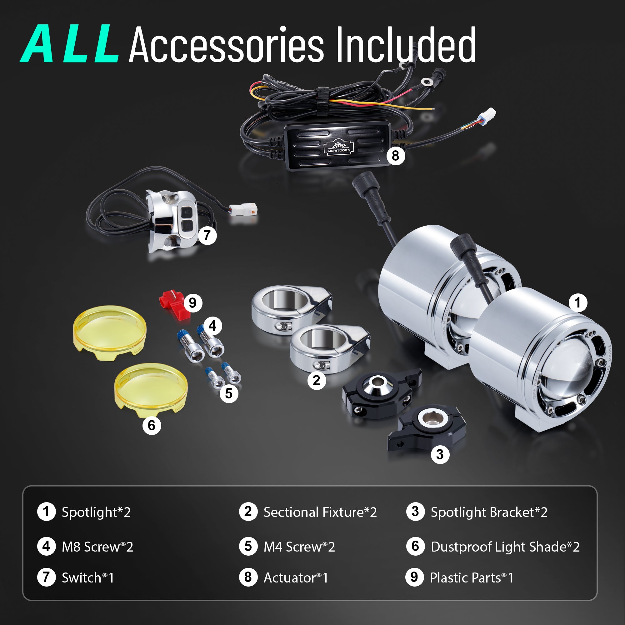 MoKitDora Harley Motorcycle Auxiliary Light Kit Driving Spotlights Fog Light with Mount Brackets Wire Harness Waterproof 72W for 41MM Front Fork