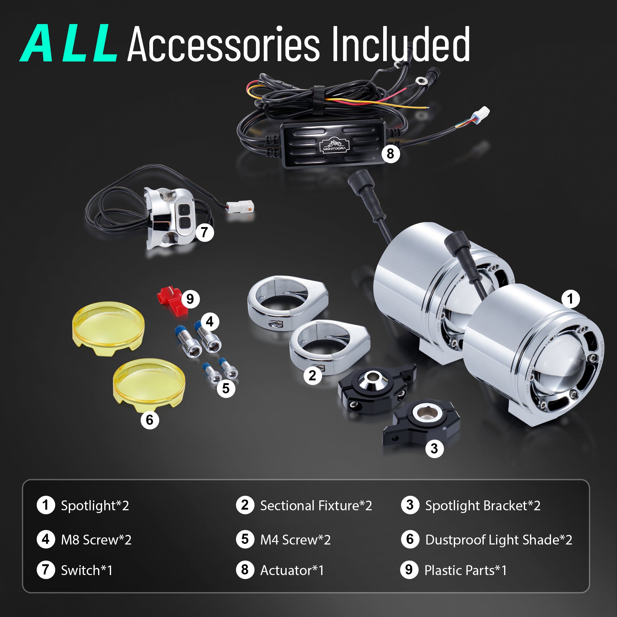 MoKitDora Harley Motorcycle Auxiliary Light Kit Driving Spotlights Fog Light with Mount Brackets Wire Harness Waterproof 72W for 49MM Front Fork