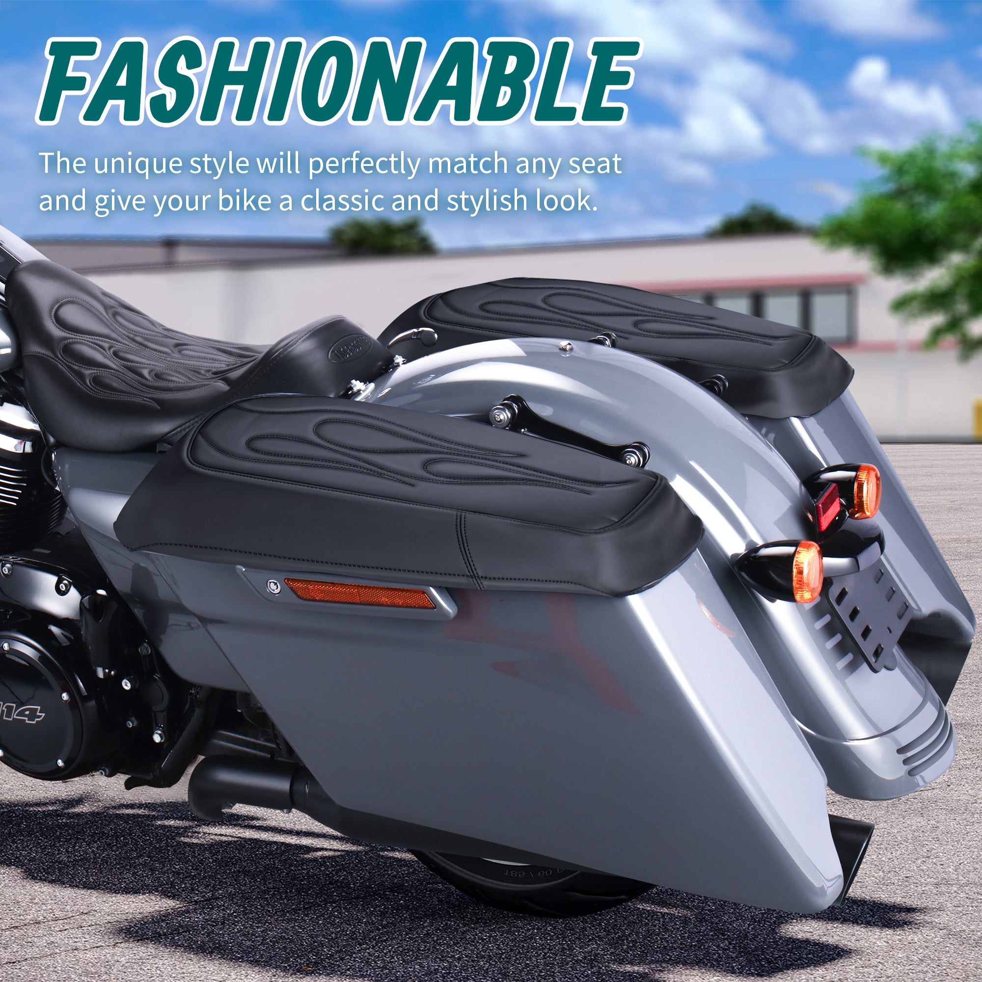MoKitDora Saddlebag Lid Bra Covers Microfiber Leather Compatible with 2014-up Harley Touring FL Road King Road Glide Electra Glide Street Glide, Flame Stitched