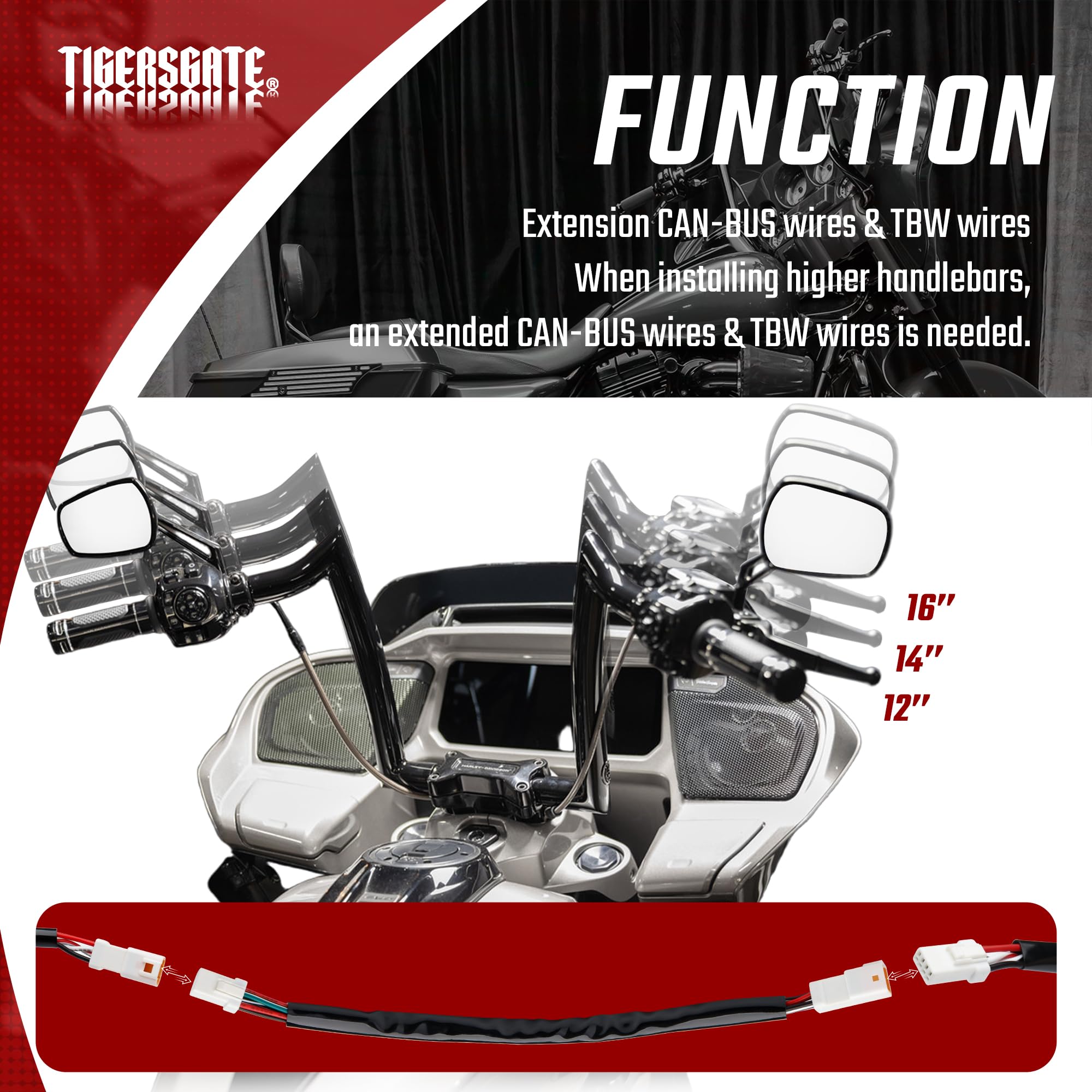 TIGERSGATE 6/8/10/12/14/16 inch Handlebar Switch & Throttle-by-Wire Harness Extension Kit Fits 2020-up Pan America & 2023-up CVO Street Glide & Road Glide Models,2024-up Street Glide & Road Glide Models