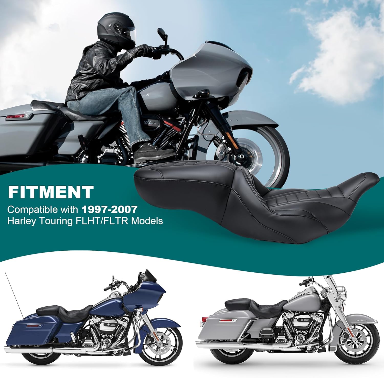 MoKitDora Motorcycle Seats One-Piece Deluxe Driver & Passenger Seat for Harley Touring 1997-2007 Electra Road Glide, Stripes Stitched