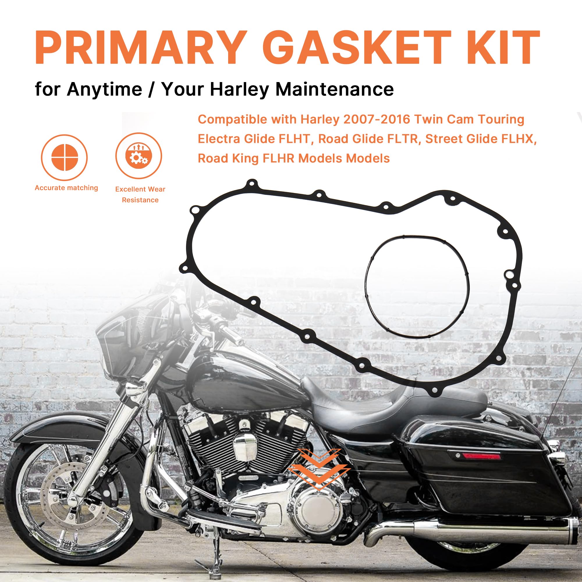 Prewired Primary Cover Gasket Seal Kit for Harley 2007-2016 Twin Cam Touring Electra Glide FLHT, Road Glide FLTR, Street Glide FLHX, Road King FLHR, 2 PCS
