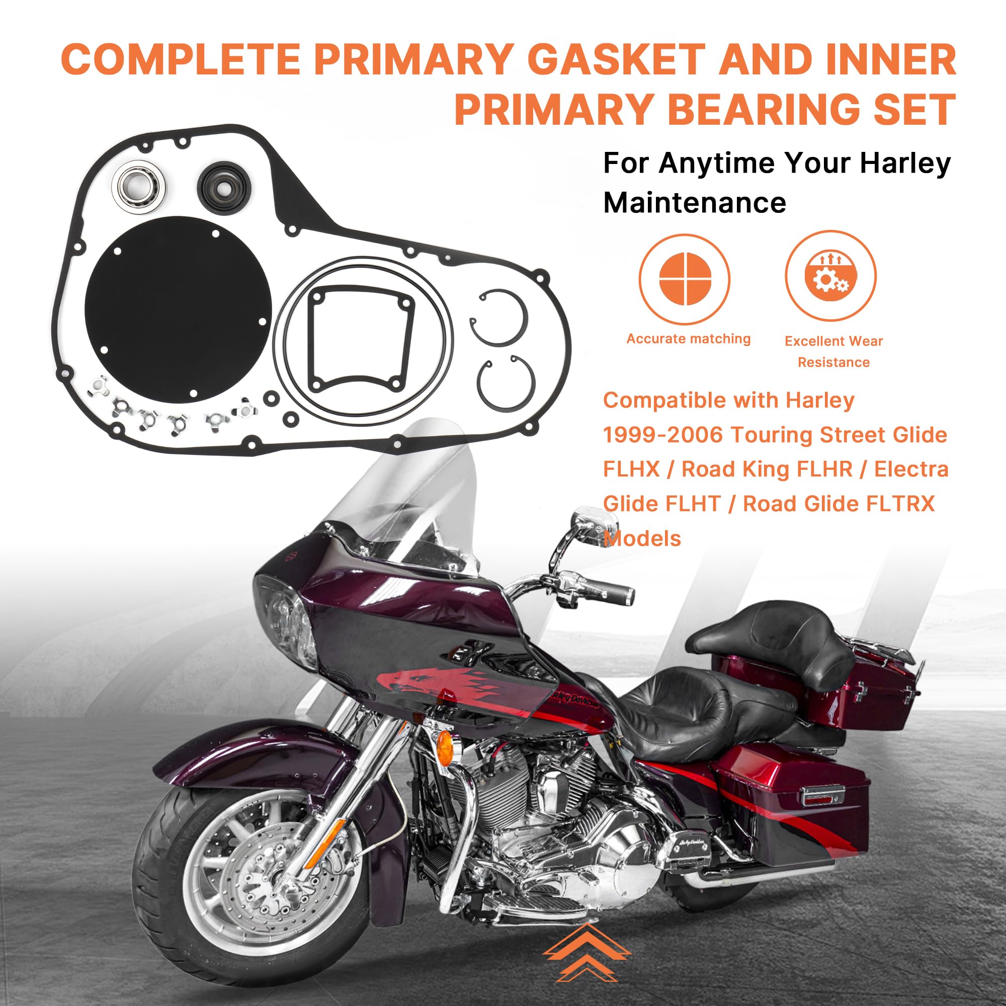 Primary Cover Gasket & Inner Primary Bearing Replacement Seal Kit for Harley 1999-2006 Touring Street Glide FLHX Road King FLHR Electra Glide FLHT Road Glide FLTRX Models
