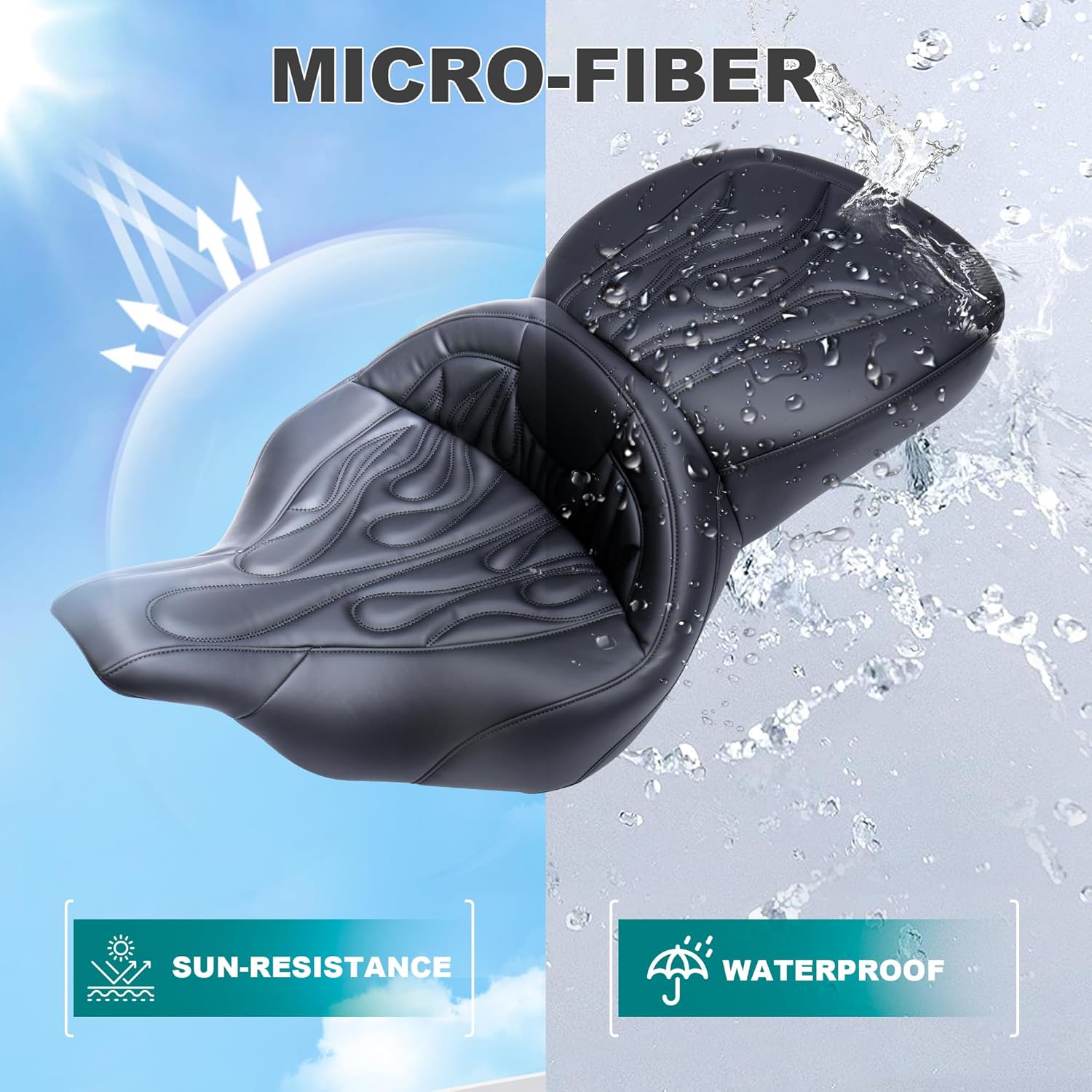 MoKitDora Touring Driver Passenger Seat One-Piece Motorcycle Seats for Harley 1997-2007 Road King FLHR/I & 2006-2007 Street Glide FLHX/I, Flame Stitched