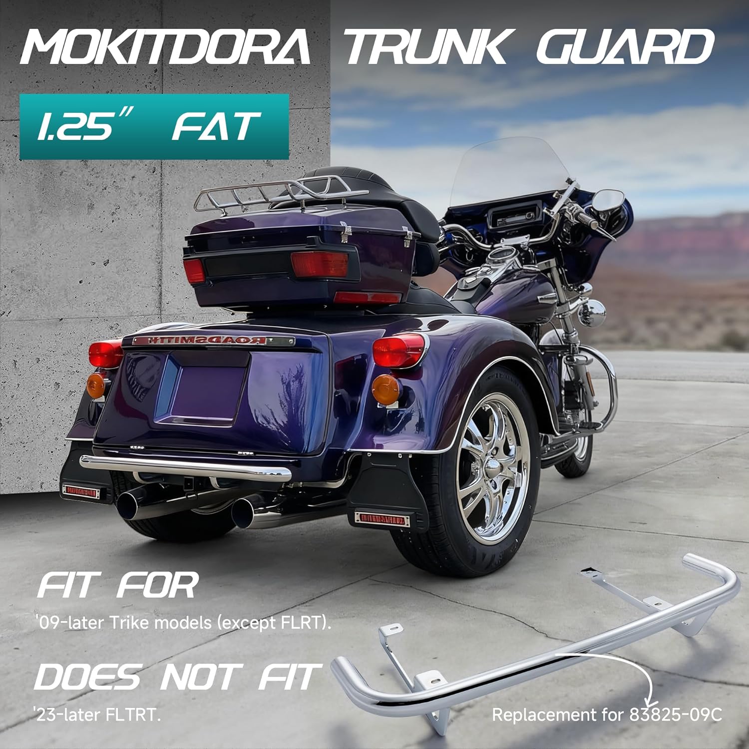MoKitDora Trunk Guard Rear Bumper Crash Bar Protector for 2009-later Harley Trike Tri Glide Ultra, Road Glide 3 models, Chrome