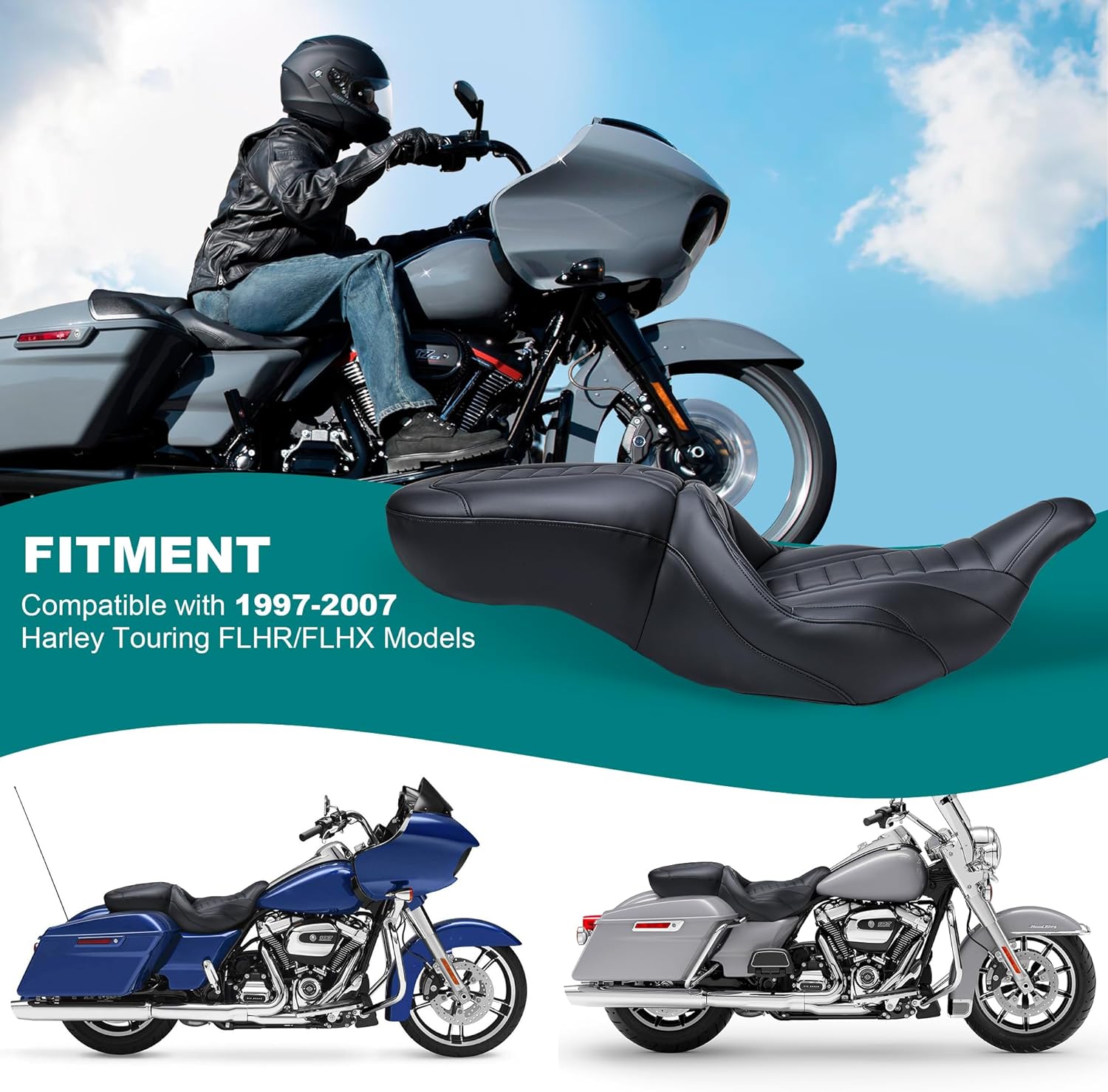 MoKitDora Touring Driver Passenger Seat One-Piece Motorcycle Seats for Harley 1997-2007 Road King FLHR/I & 2006-2007 Street Glide FLHX/I, Stripes Stitched