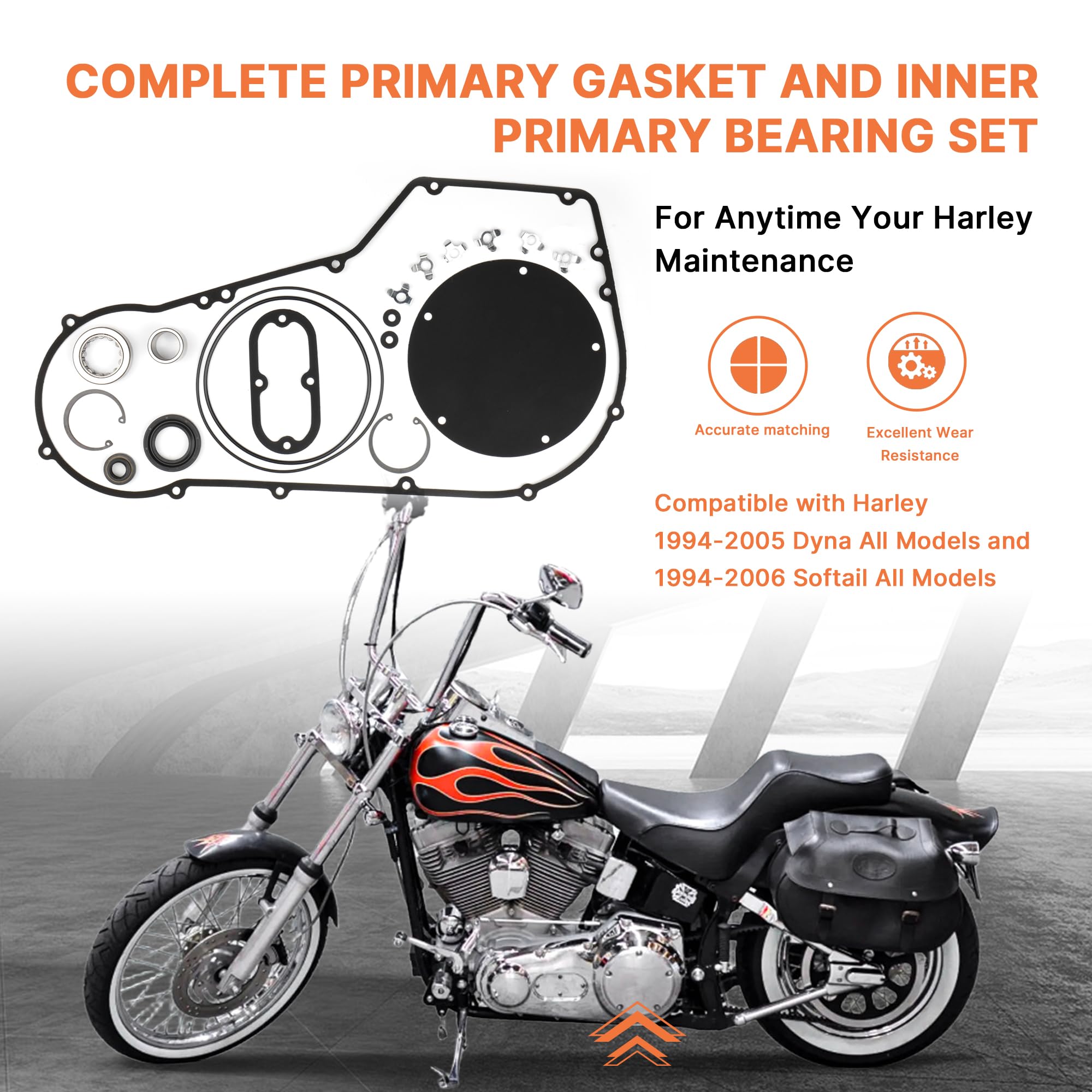 Primary Cover Gasket & Inner Primary Bearing Replacement Seal Kit for Harley 1994-2006 Softail & 1994-2005 Dyna Models