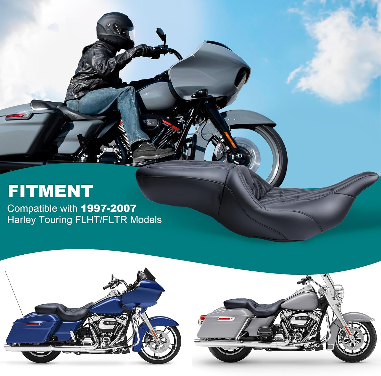 MoKitDora Touring Motorcycle Seats One-Piece Deluxe Seat for Harley Driver Passenger 1997-2007 Electra Road Glide FLHT FLTR, Flame Stitched