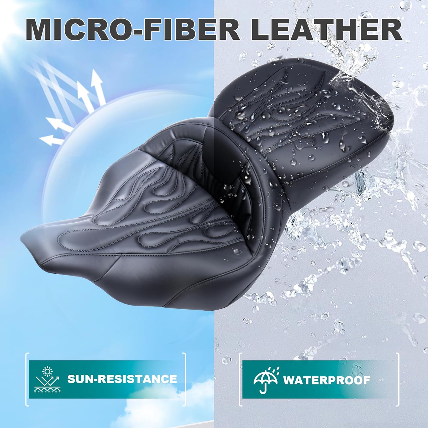 MoKitDora Touring Motorcycle Seats One-Piece Deluxe Seat for Harley Driver Passenger 1997-2007 Electra Road Glide FLHT FLTR, Flame Stitched