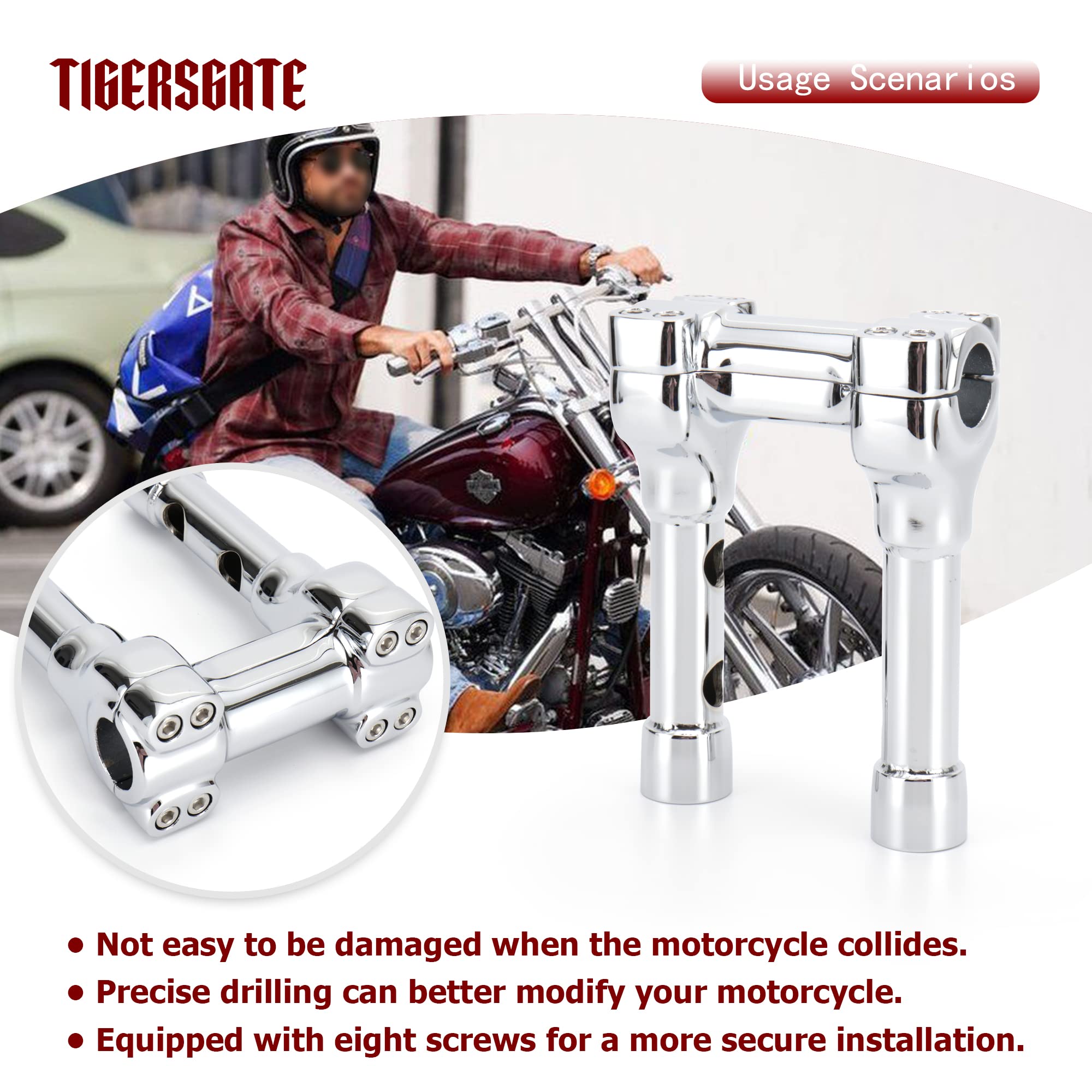TIGERSGATE 1.25 inch Diameter Investment-cast steel Risers 4/8/10/14 inch Rise One-Piece Handlebar Top Clamp Kit for Harley Dyna Softail Sportster