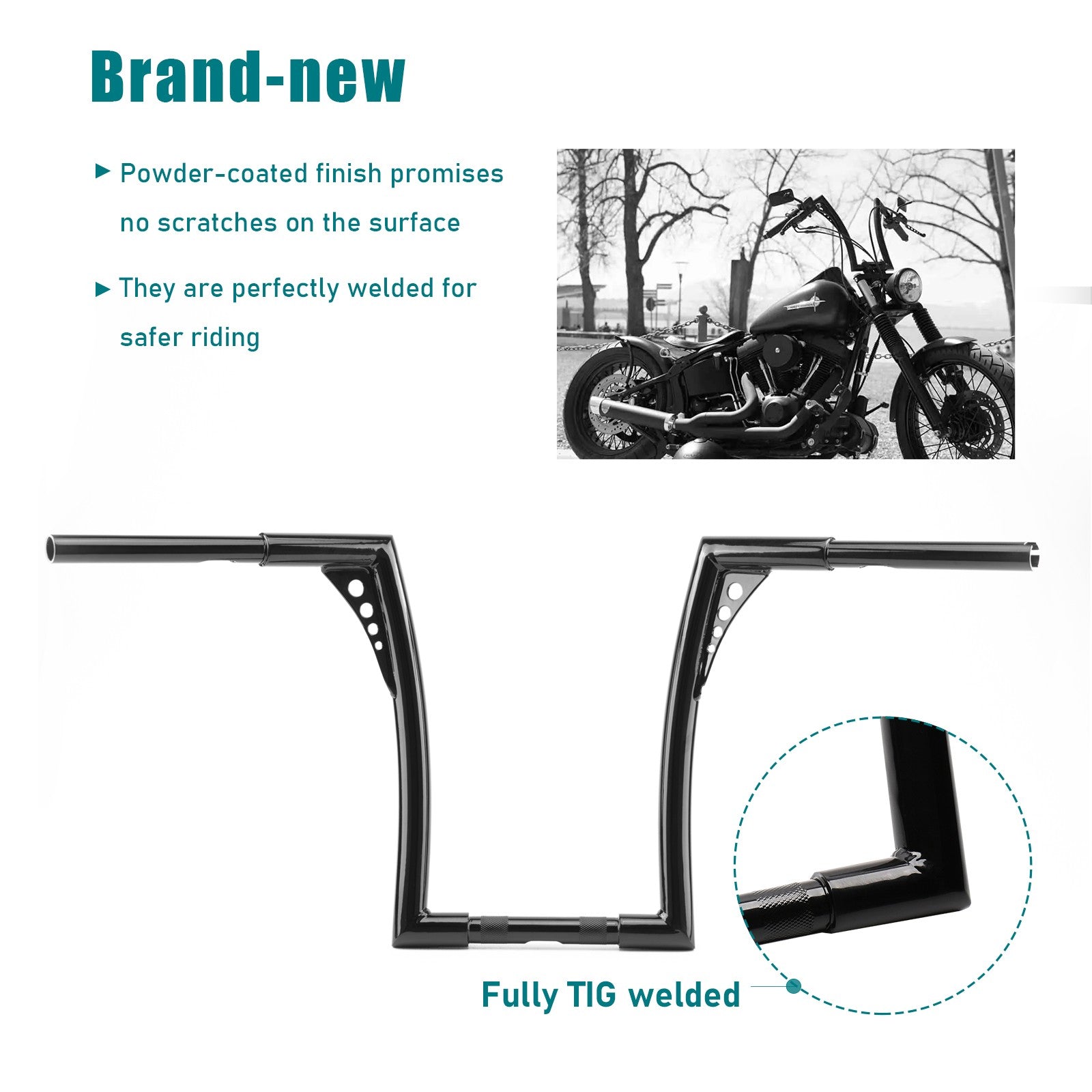 details of MoKitDora brand handlebar: powder-coated finish promises no scratches on the surface. 
The are perfectly welded to safer riding.