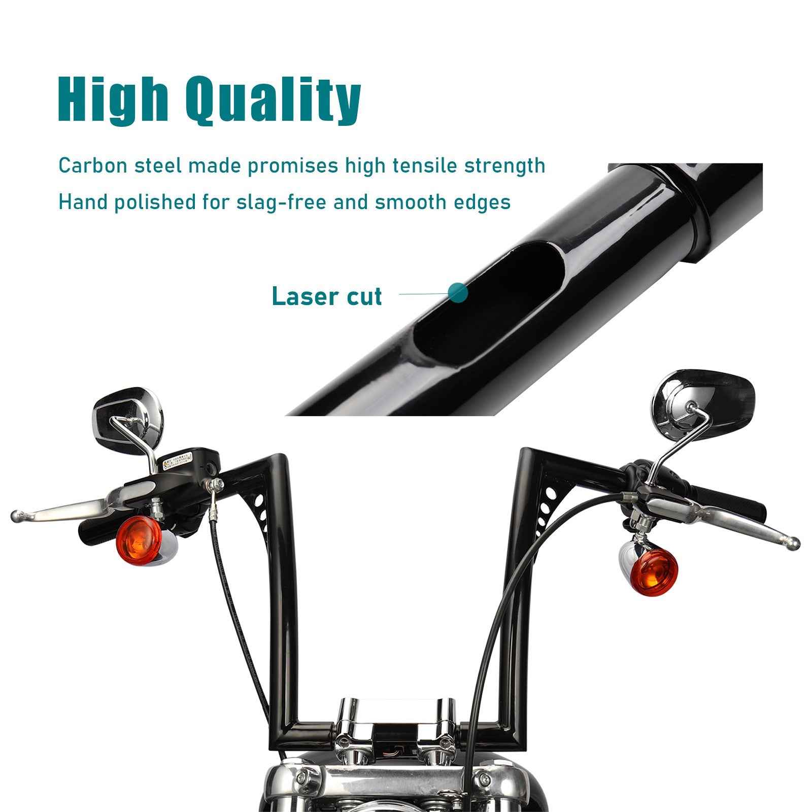 Details features of MoKitDora handlebar: hgih quality carbon steel made promises high tensile strength hand pollished for slag-free and smooth edges.