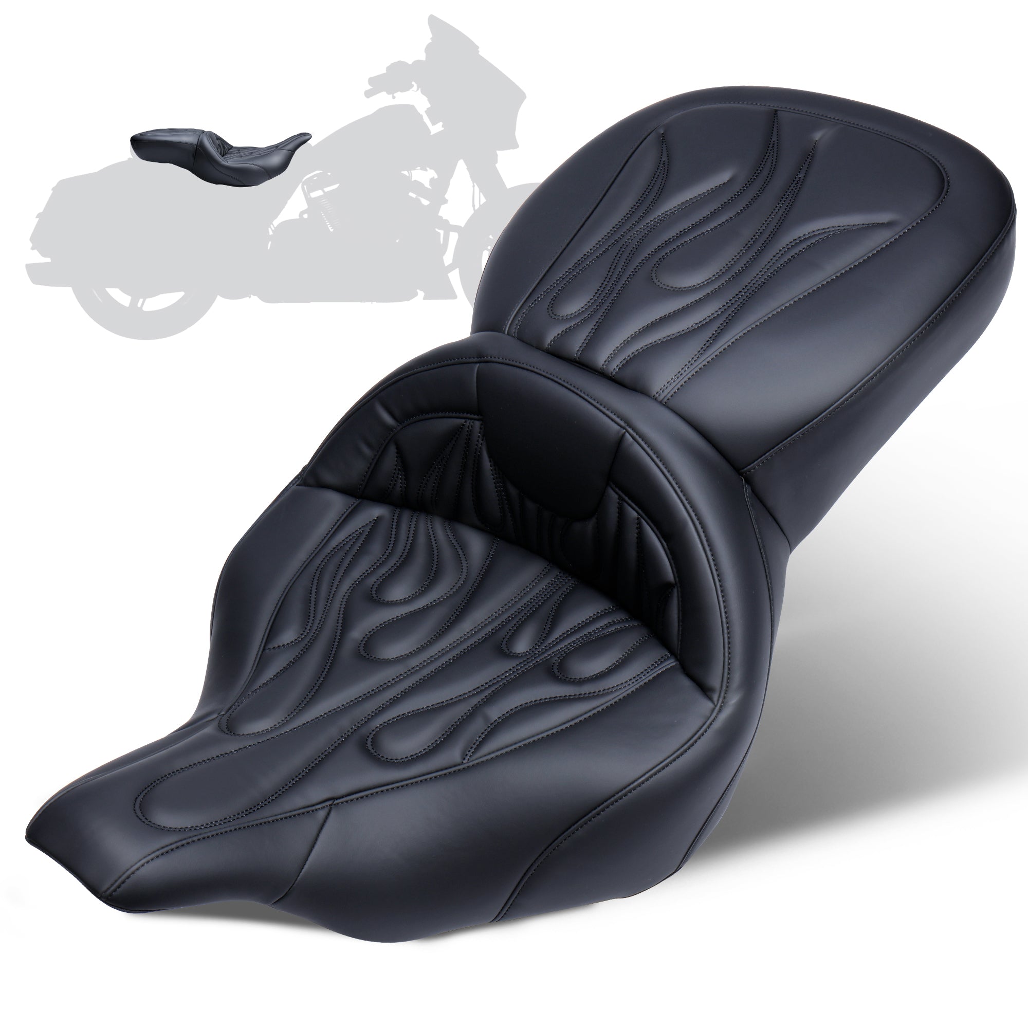 MoKitDora Touring Motorcycle Seats One-Piece Deluxe Seat for Harley Driver Passenger 1997-2007 Electra Road Glide FLHT FLTR, Flame Stitched