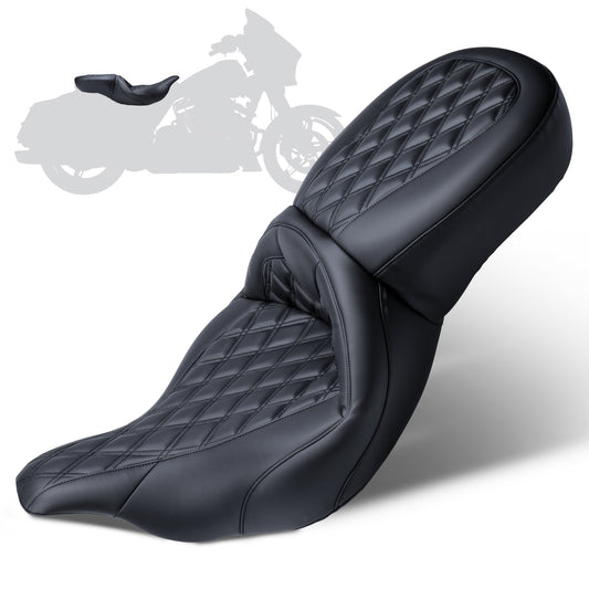 MoKitDora Touring Driver Passenger Seat One-Piece Motorcycle Seats for Harley 1997-2007 Road King FLHR/I & 2006-2007 Street Glide FLHX/I, Lattice Stitched