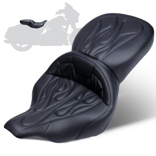MoKitDora Touring Driver Passenger Seat One-Piece Motorcycle Seats for Harley 1997-2007 Road King FLHR/I & 2006-2007 Street Glide FLHX/I, Flame Stitched