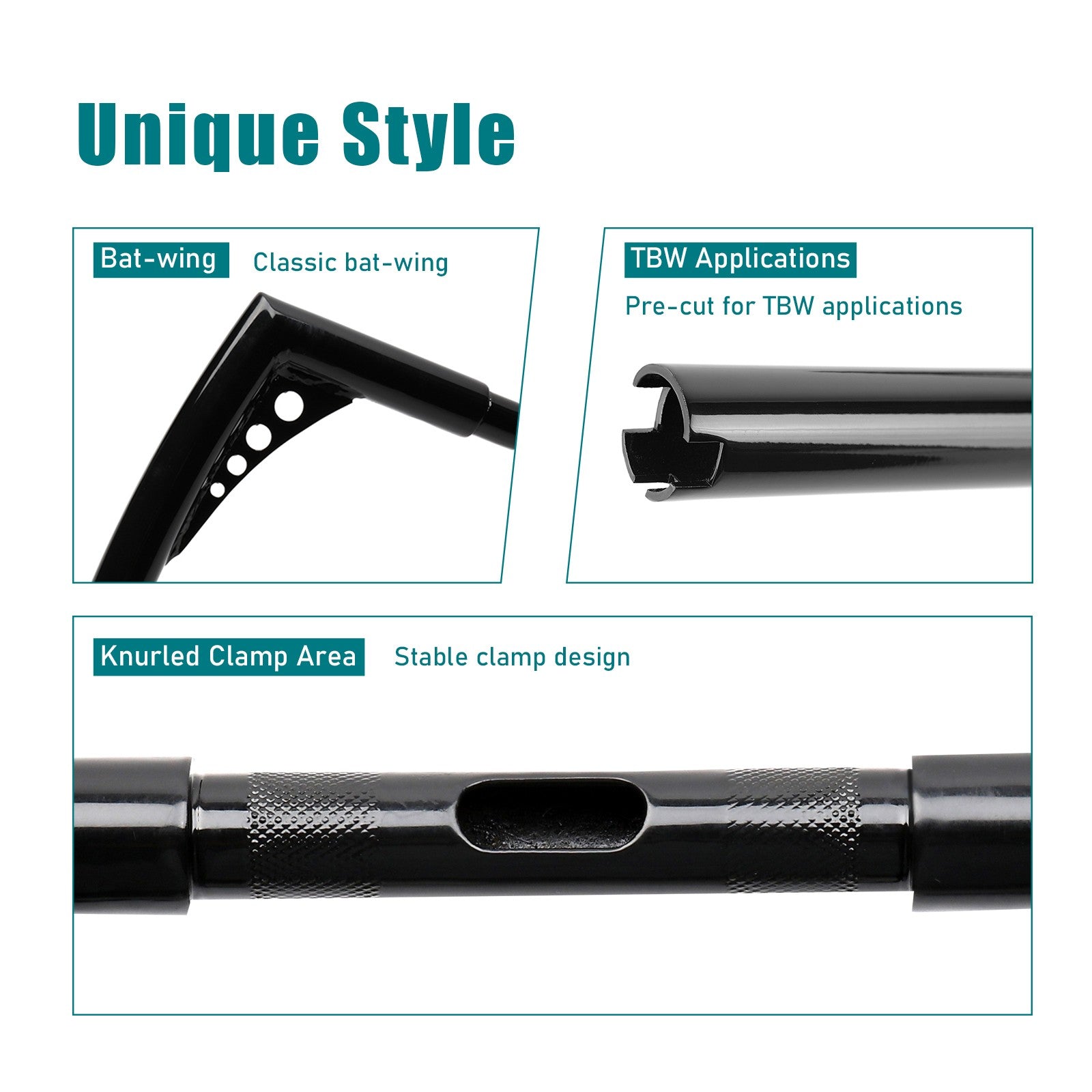 unique style of MoKitDora brand handlebar: bat-wing (classic bat-wing), TBW Applications (pre-cut for TBW applications), Knurled clamp area (stable clamp design)